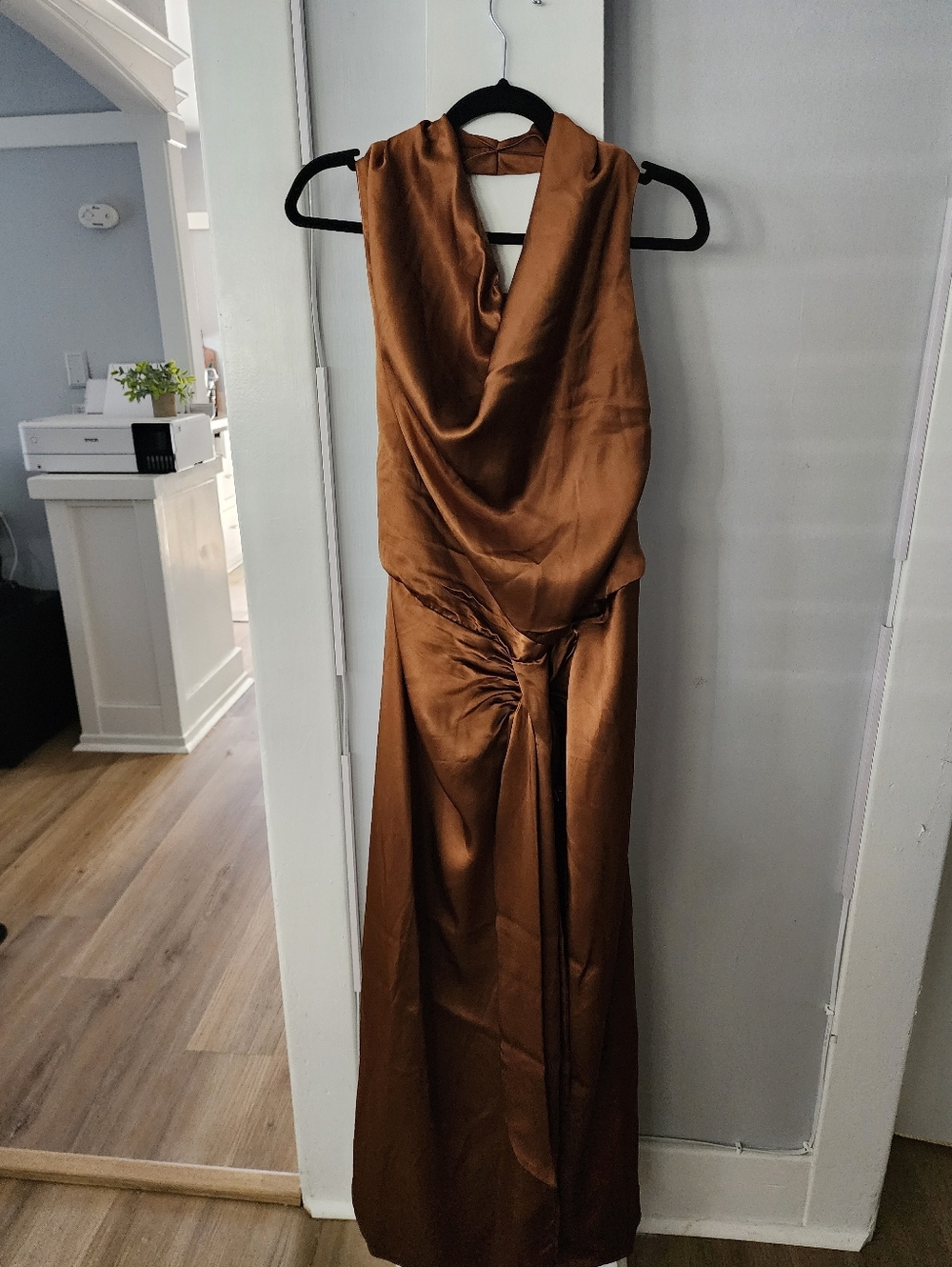 Zara Satin Cowl-Neck Maxi Dress in Copper Brown